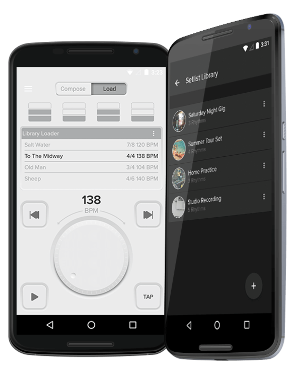 “The Metronome” companion application showing the light and dark display themes and various features